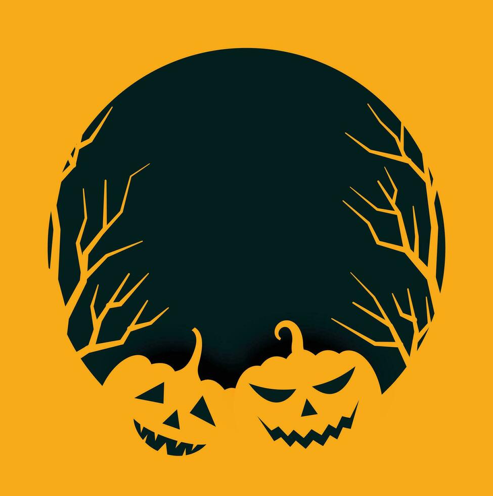 Halloween pumpkins with Moon on orange night background. Illustration can be used for children's holiday design, cards, invitations, banners. Holiday card with Jack O' Lanterns, bats and black spider. vector