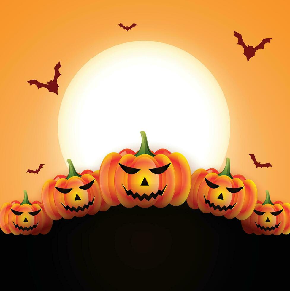 Halloween pumpkins with Moon on orange night background. Illustration can be used for children's holiday design, cards, invitations, banners. Holiday card with Jack O' Lanterns, bats and black spider. vector