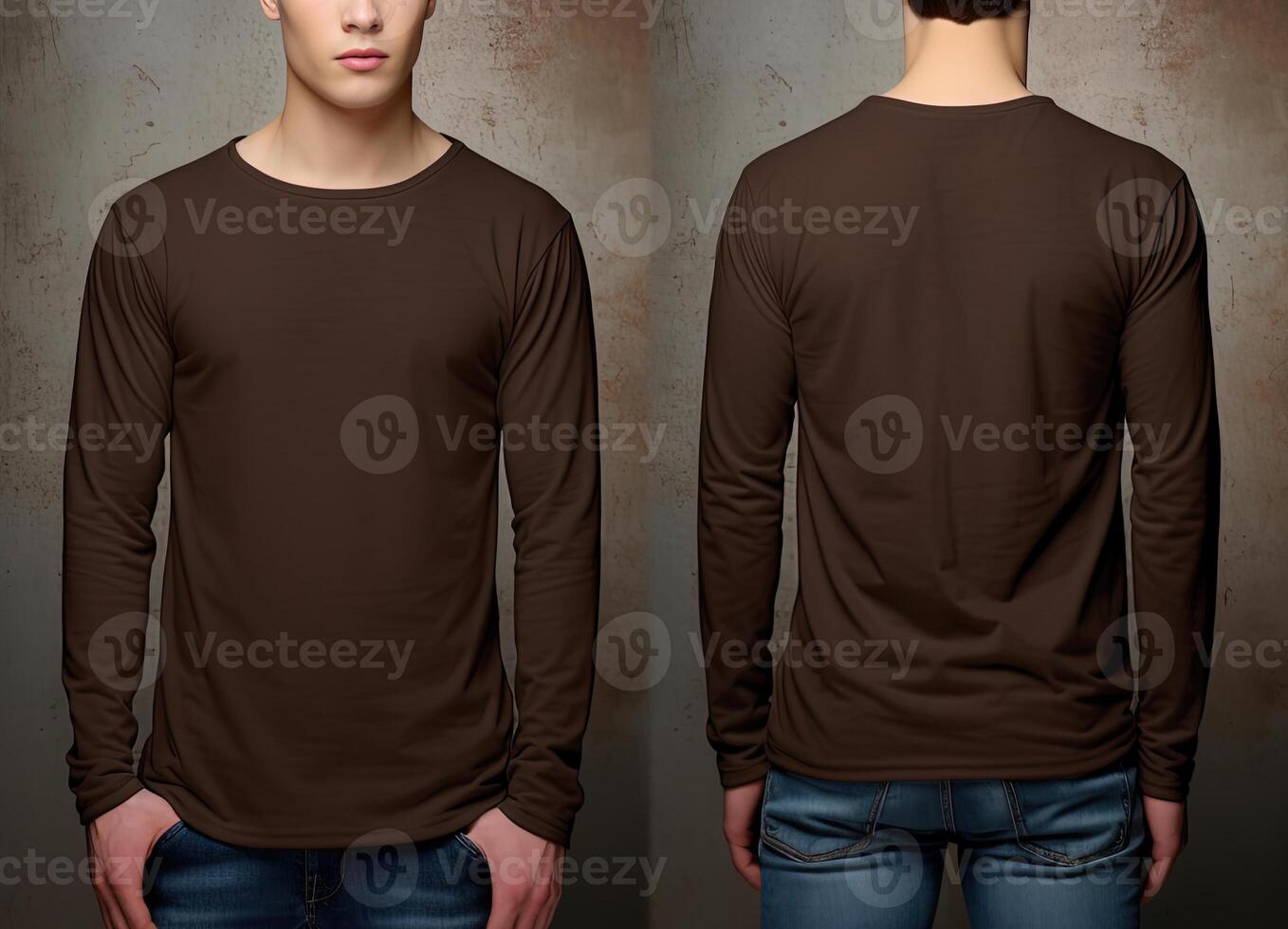 Man wearing a brown T-shirt with long sleeves. Front and back view. photo