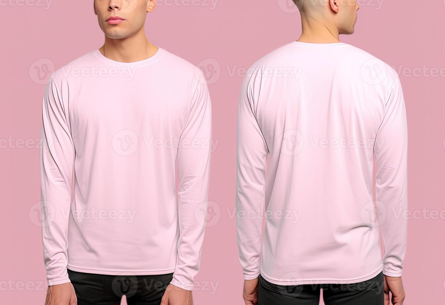 Man wearing a pink T-shirt with long sleeves. Front and back view. photo