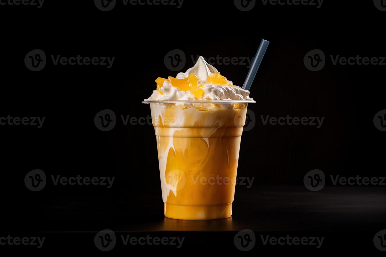 Mango smoothie milkshake in plastic takeaway cup isolated on dark background. photo