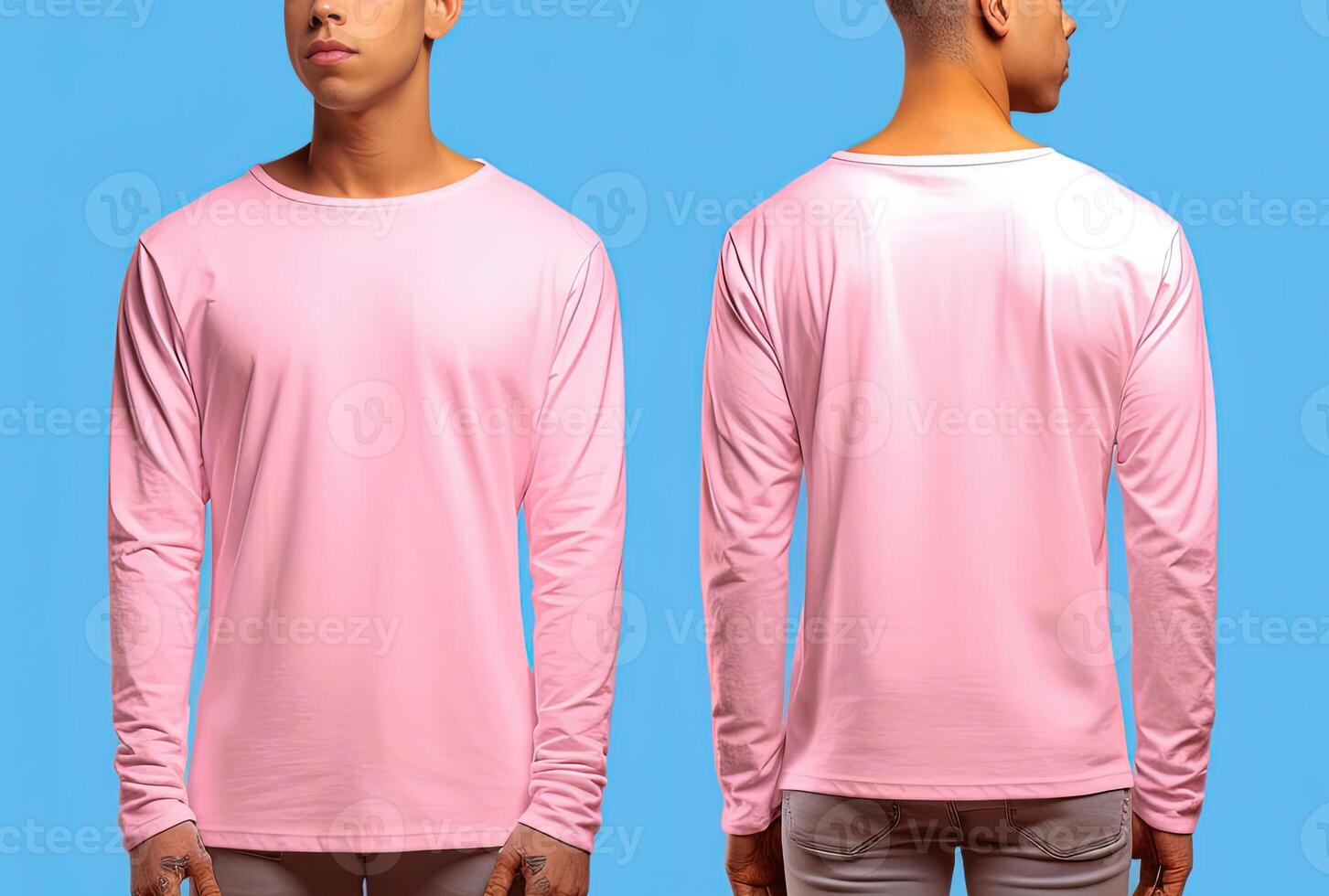 Man wearing a pink T-shirt with long sleeves. Front and back view. photo