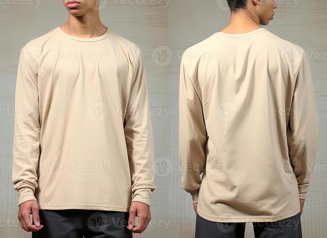 Man wearing a beige T-shirt with long sleeves. Front and back view. photo