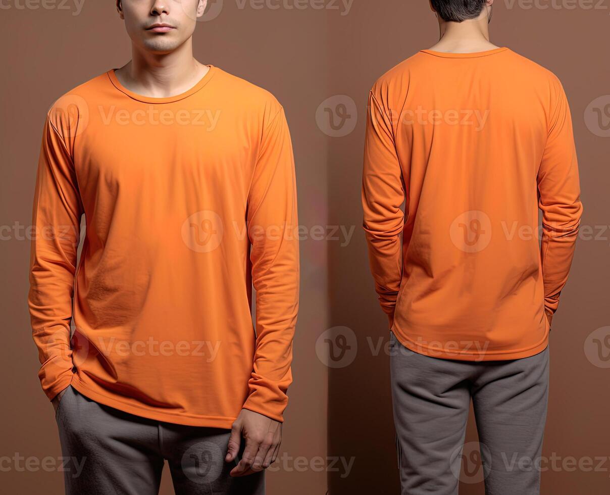 Man wearing a orange T-shirt with long sleeves. Front and back view. photo