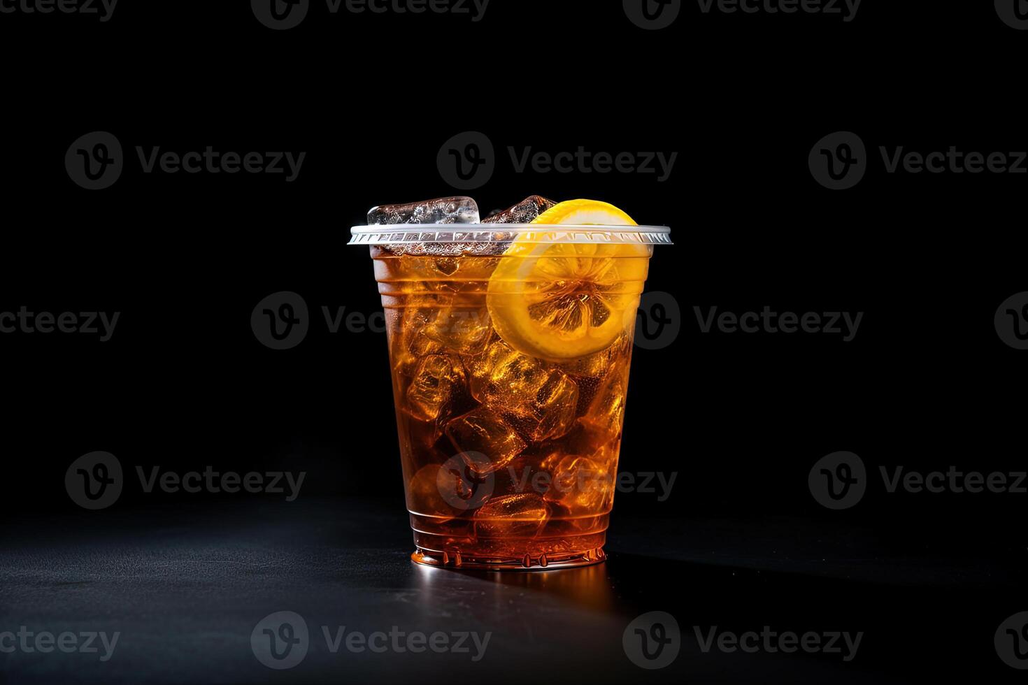 Iced lemon tea on plastic takeaway glass isolated on dark background. ai generated photo