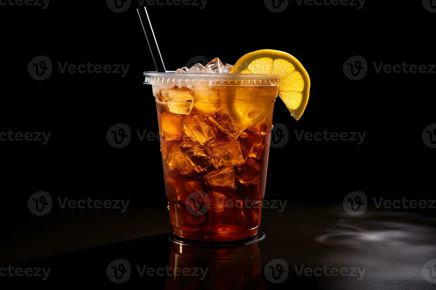 Iced lemon tea on plastic takeaway glass isolated on dark background. ai generated photo