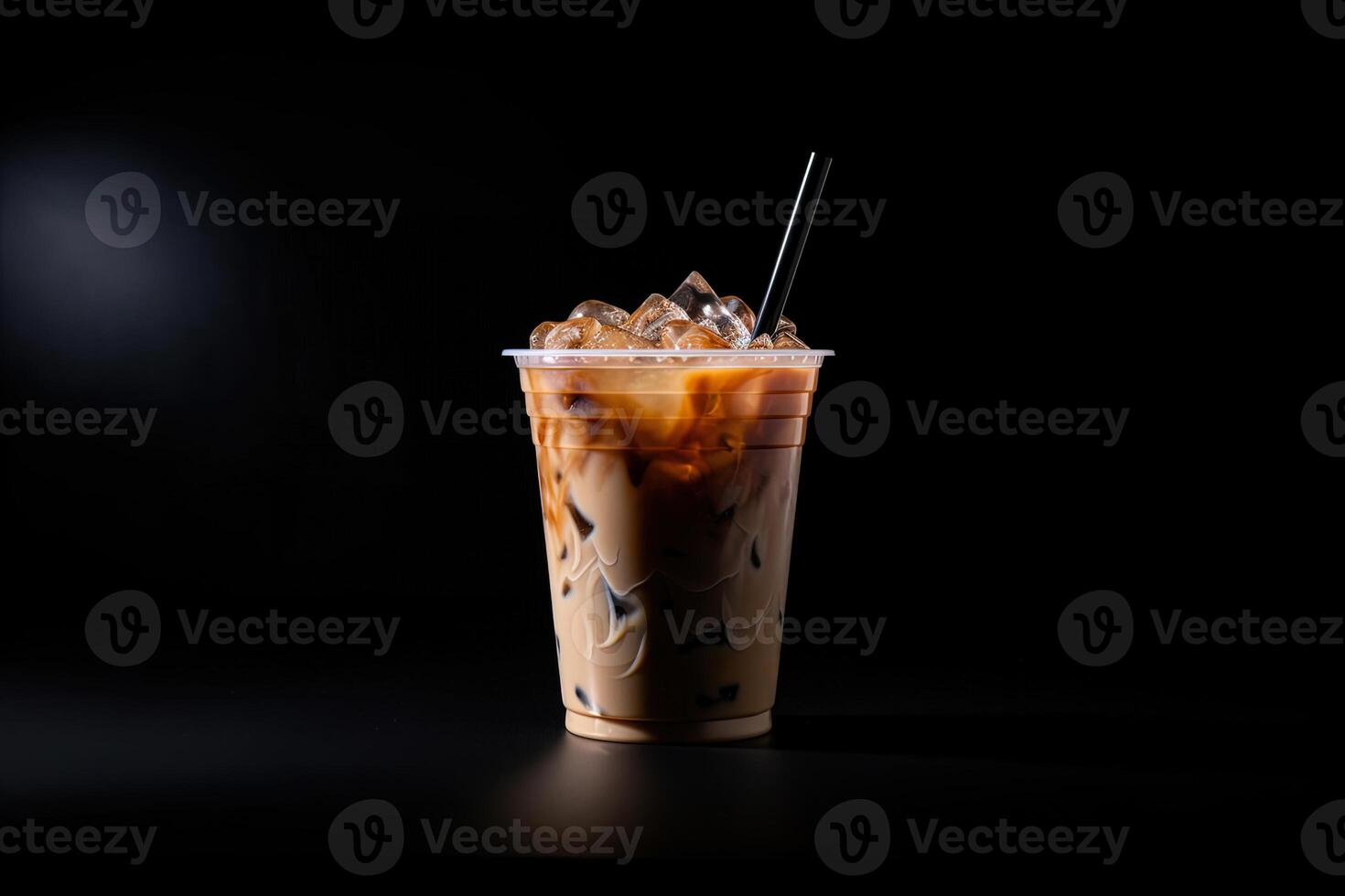 Iced coffee in plastic take-away glass isolated on dark background. ai generated photo