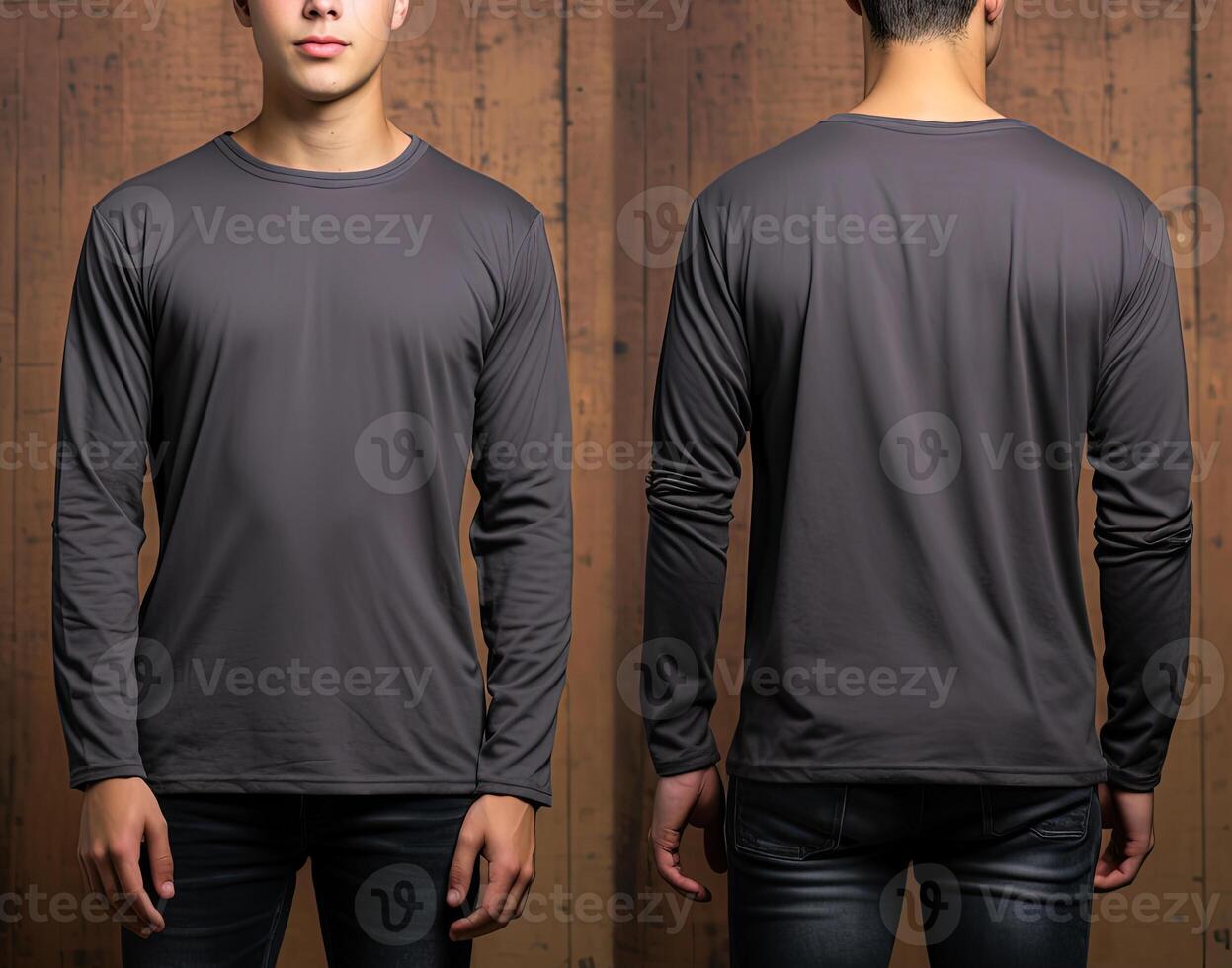 Man wearing a grey T-shirt with long sleeves. Front and back view. photo