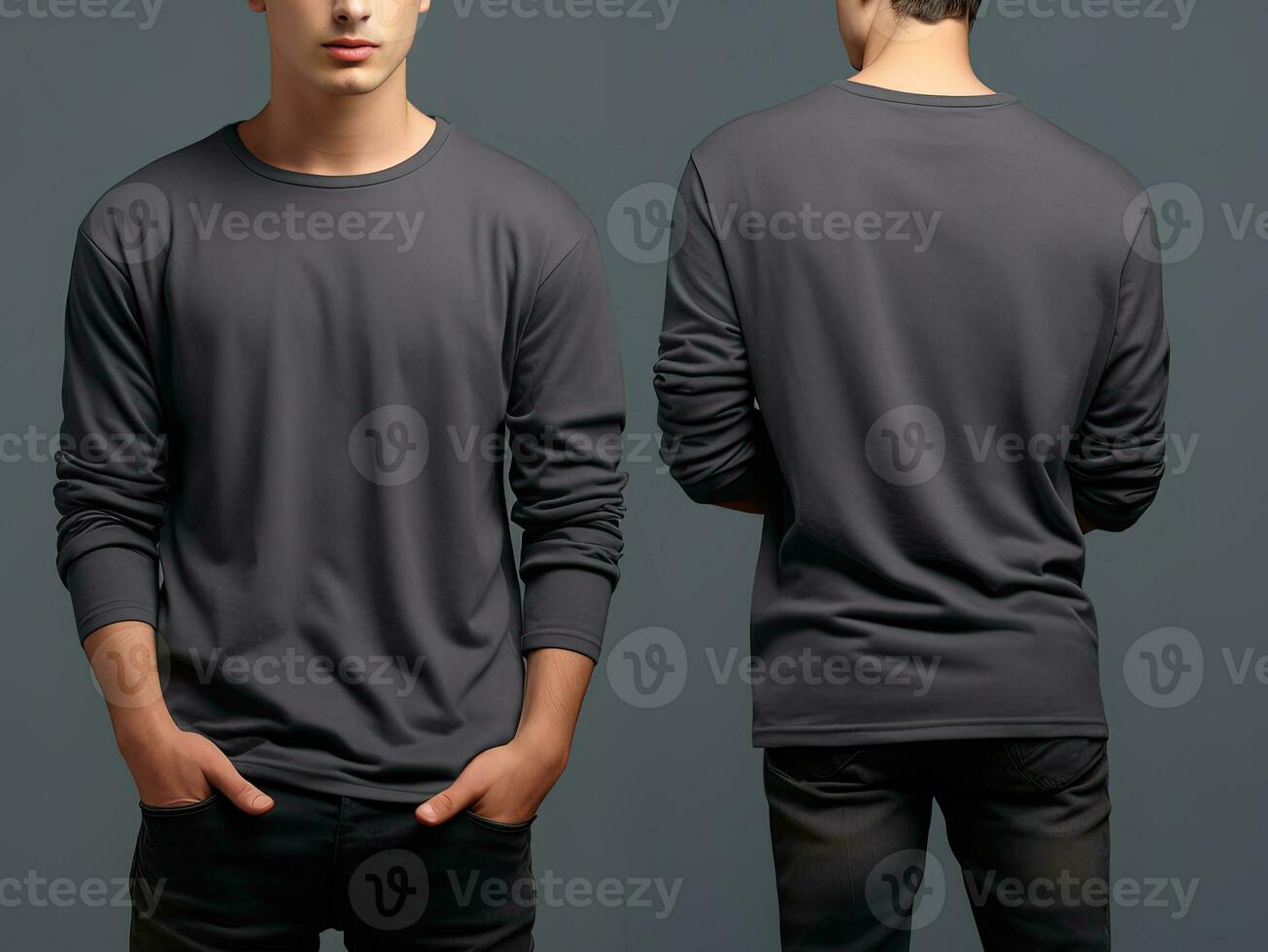 hombre vistiendo un gris camiseta con largo mangas frente y espalda vista. ai generado foto