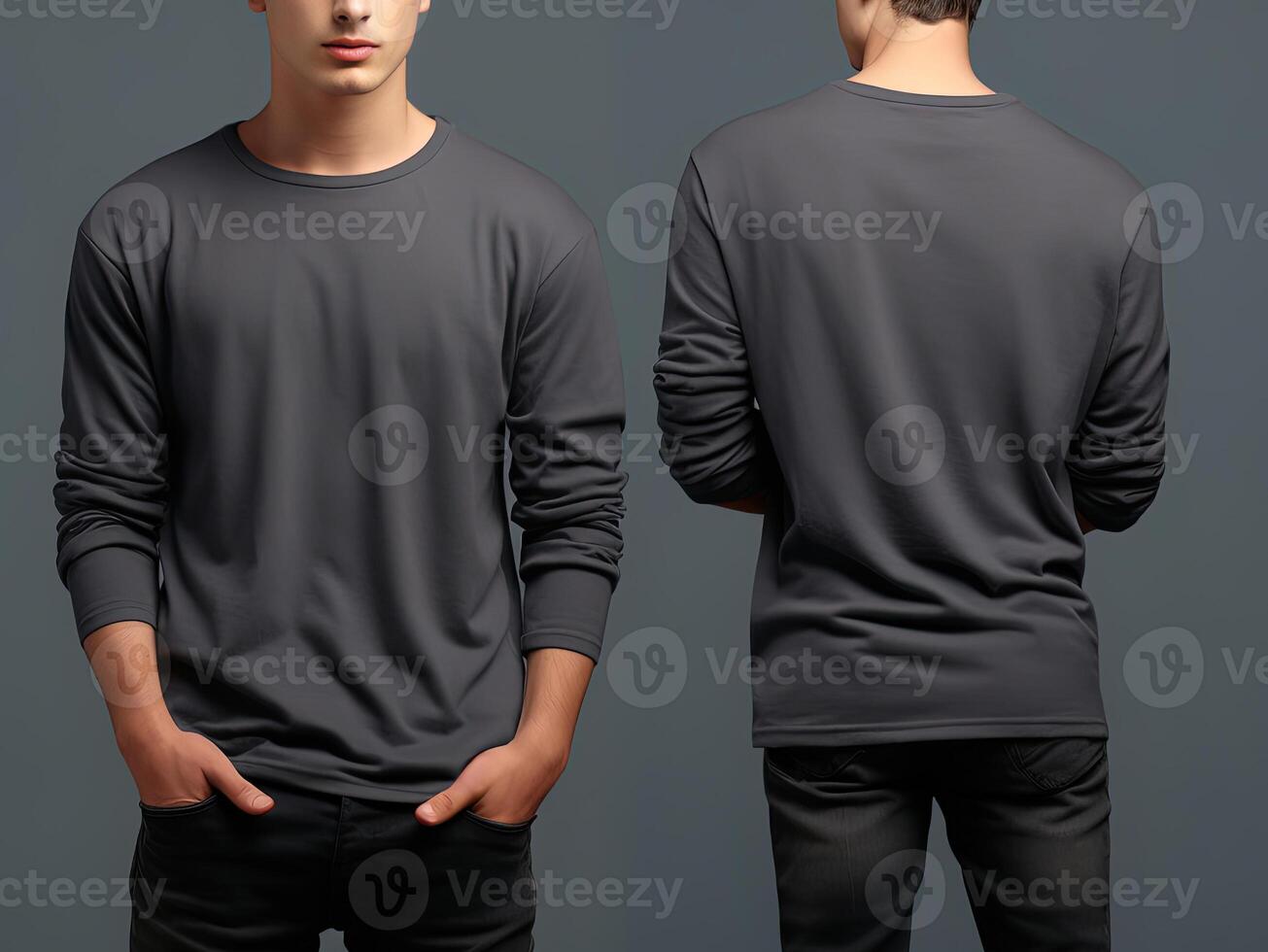Man wearing a grey T-shirt with long sleeves. Front and back view. photo
