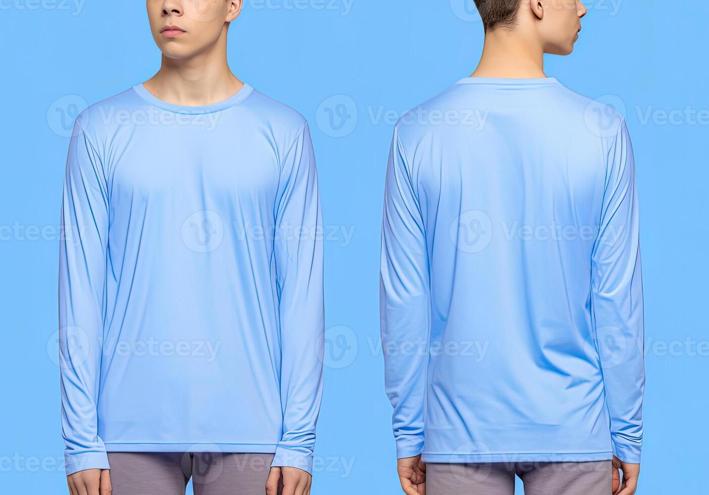 Man wearing a blue T-shirt with long sleeves. Front and back view. photo