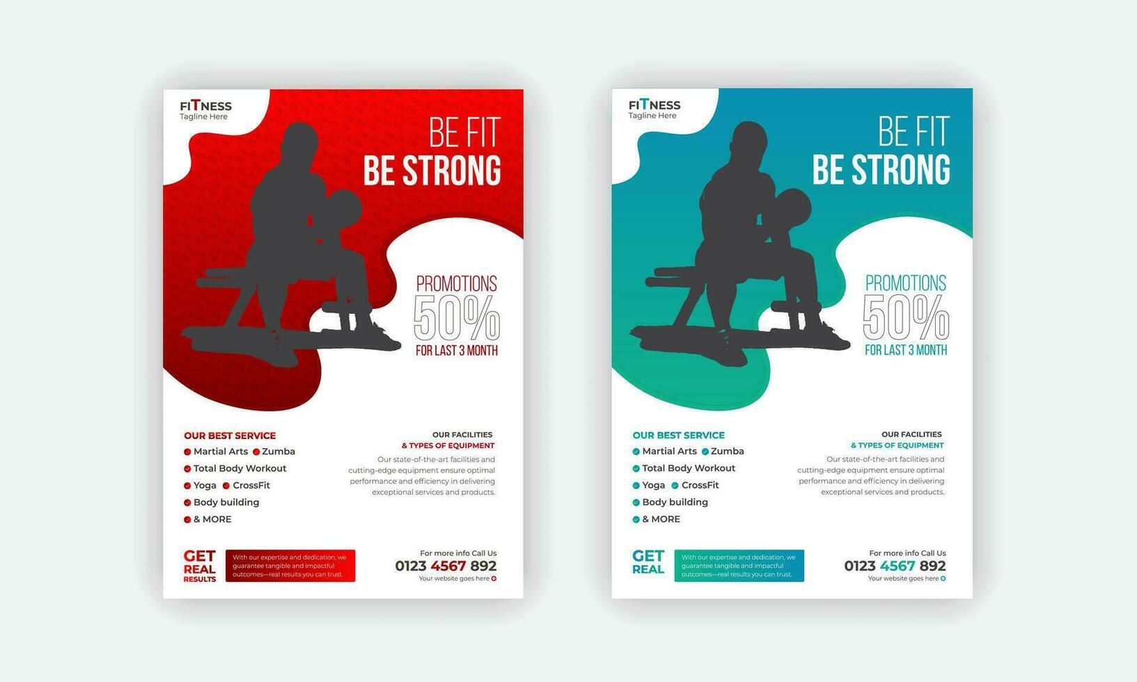 Fitness Gym Flyer and Poster Template or Fitness workout leaflet Design or Professional Fitness Gym layout with 2 color variations vector