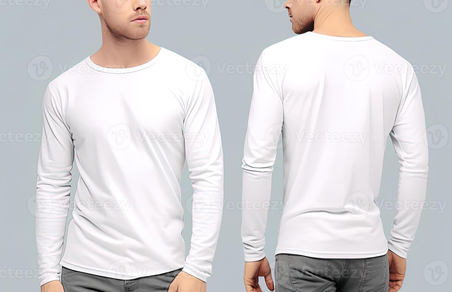 Man wearing a white T-shirt with long sleeves. Front and back view. photo