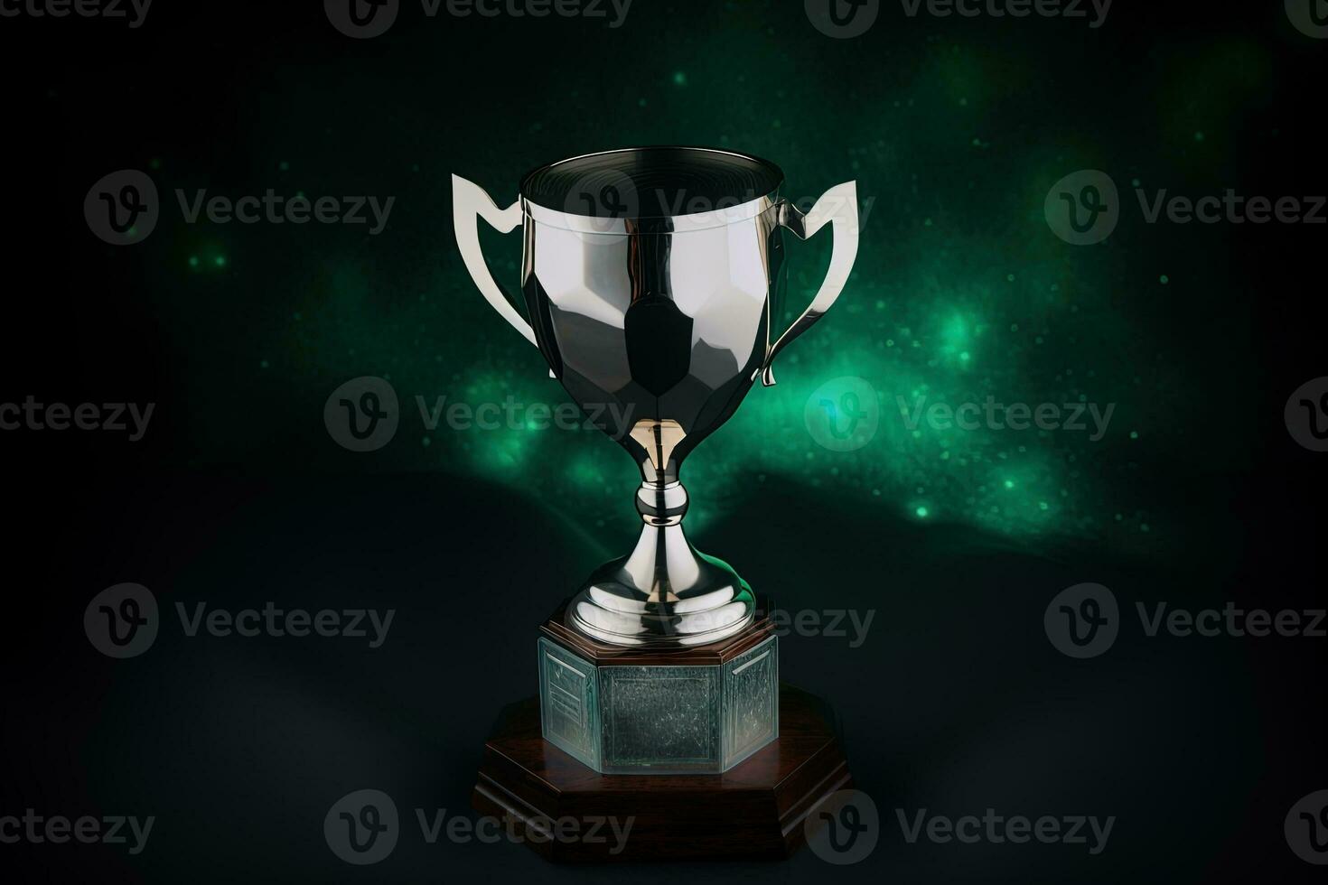 Silver glowing trophy cup on dark background. Concept of success and achievement photo