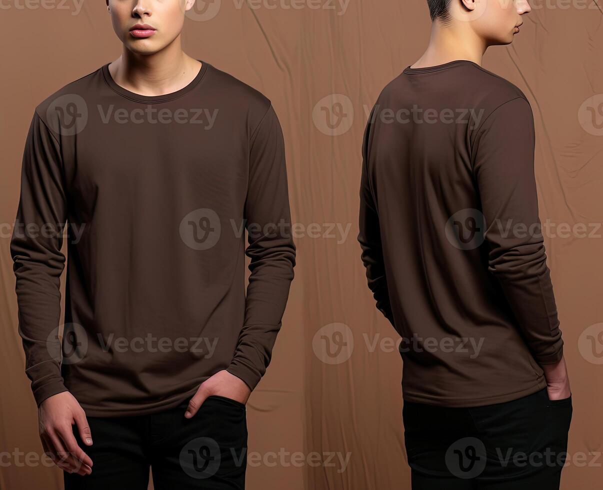 Man wearing a brown T-shirt with long sleeves. Front and back view. photo