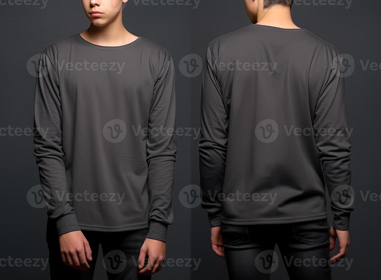 Man wearing a grey T-shirt with long sleeves. Front and back view. photo