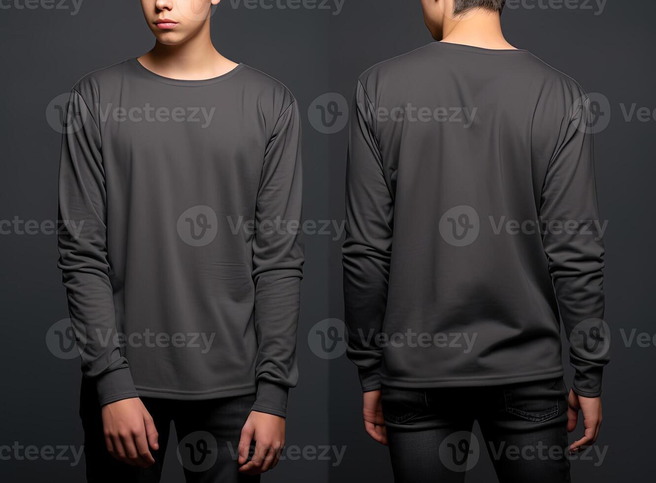 Man wearing a grey T-shirt with long sleeves. Front and back view. ai generated photo