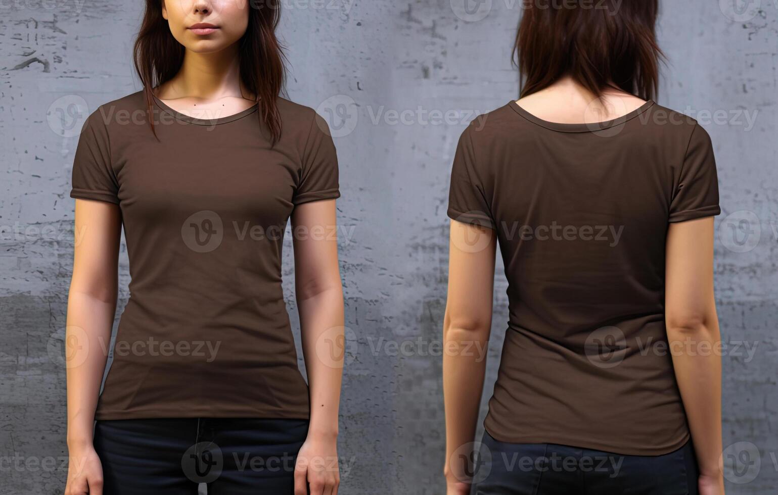 Photo realistic female brown t-shirts with copy space, front, and back view. ai generated