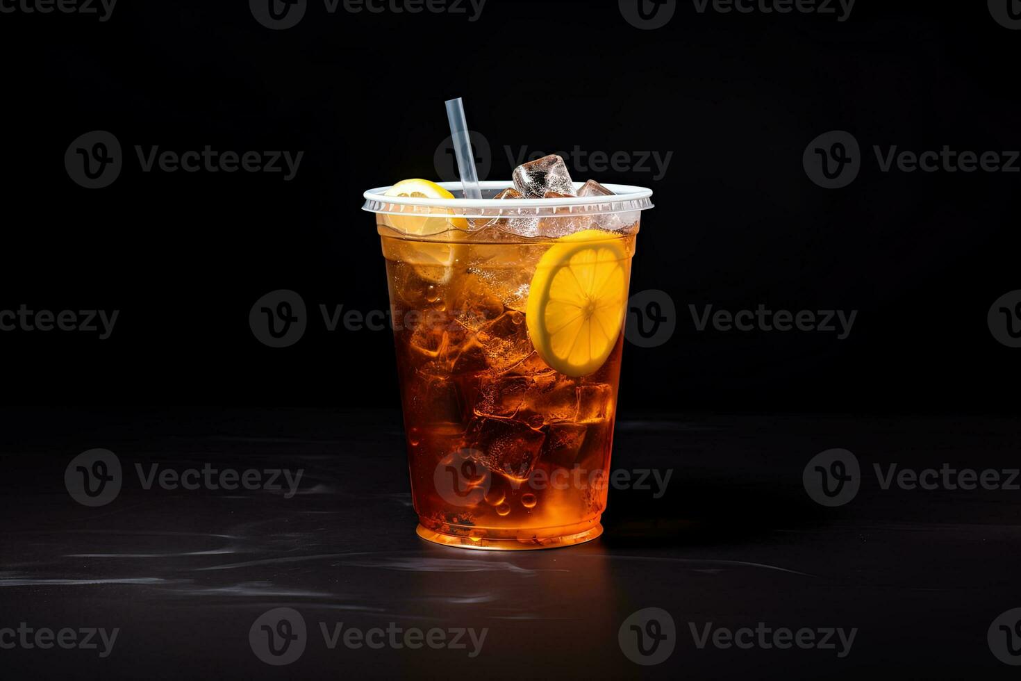 Iced lemon tea on plastic takeaway glass isolated on dark background. ai generated photo