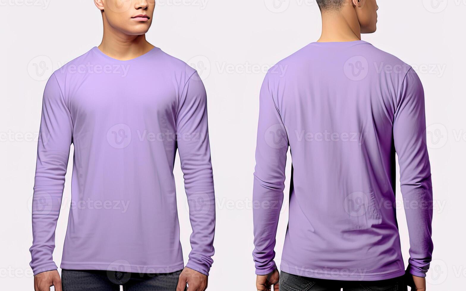 Man wearing a purple T-shirt with long sleeves. Front and back view. photo