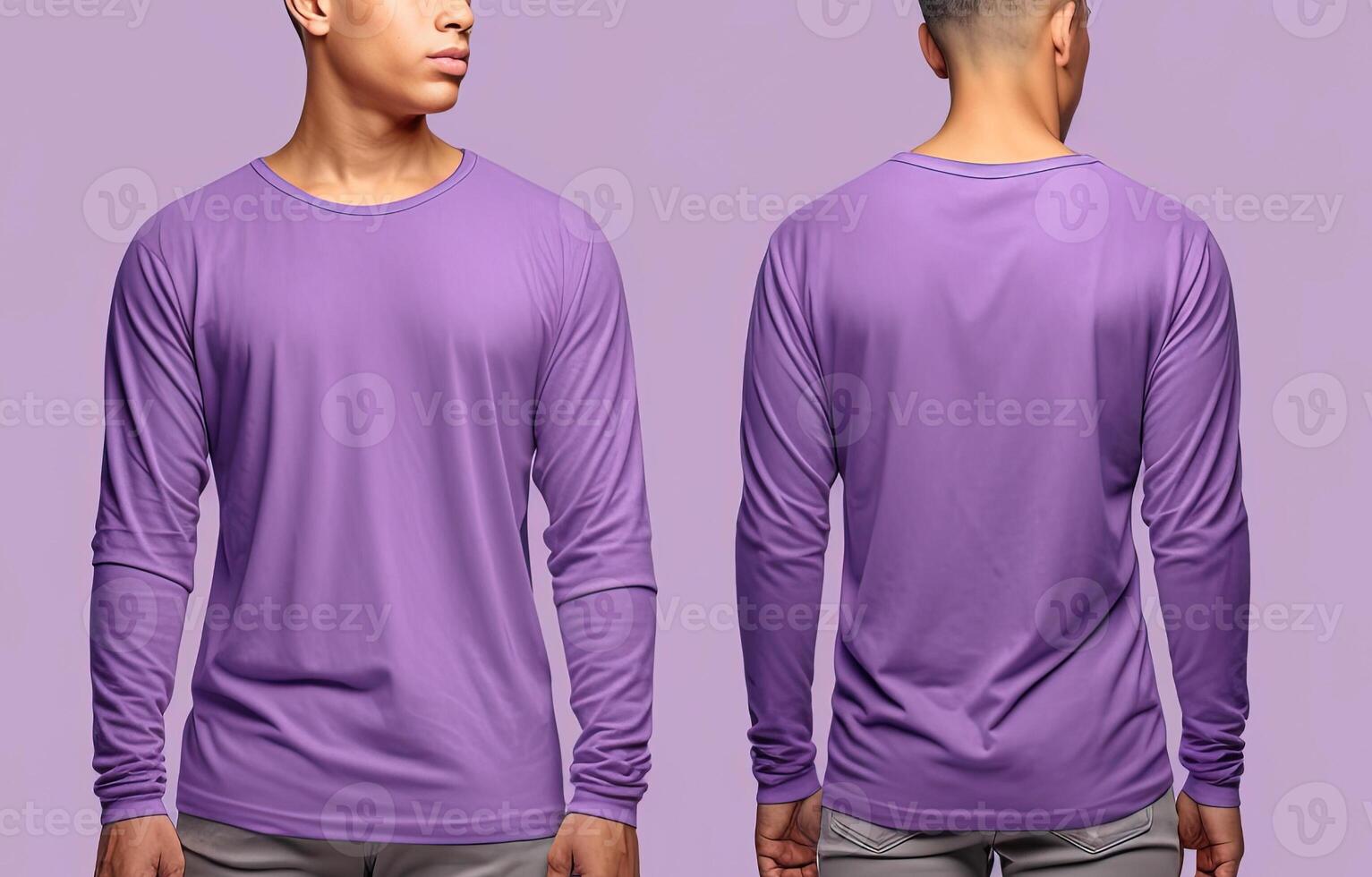 Man wearing a purple T-shirt with long sleeves. Front and back view. photo