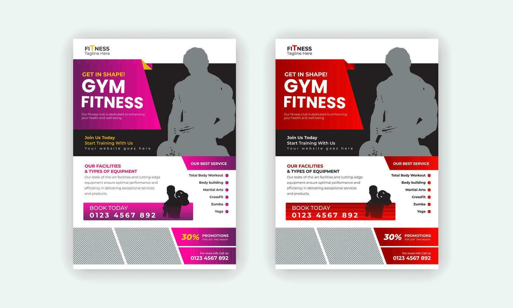 Fitness Gym Flyer and Poster Template or Fitness workout leaflet Design or Professional Fitness Gym layout with 2 color variations vector