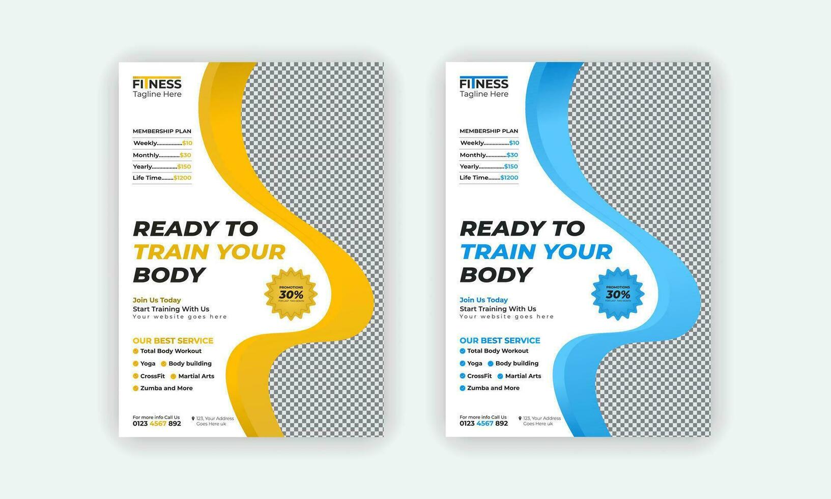 Fitness Gym Flyer and Poster Template or Fitness workout leaflet Design or Professional Fitness Gym layout with 2 color variations vector