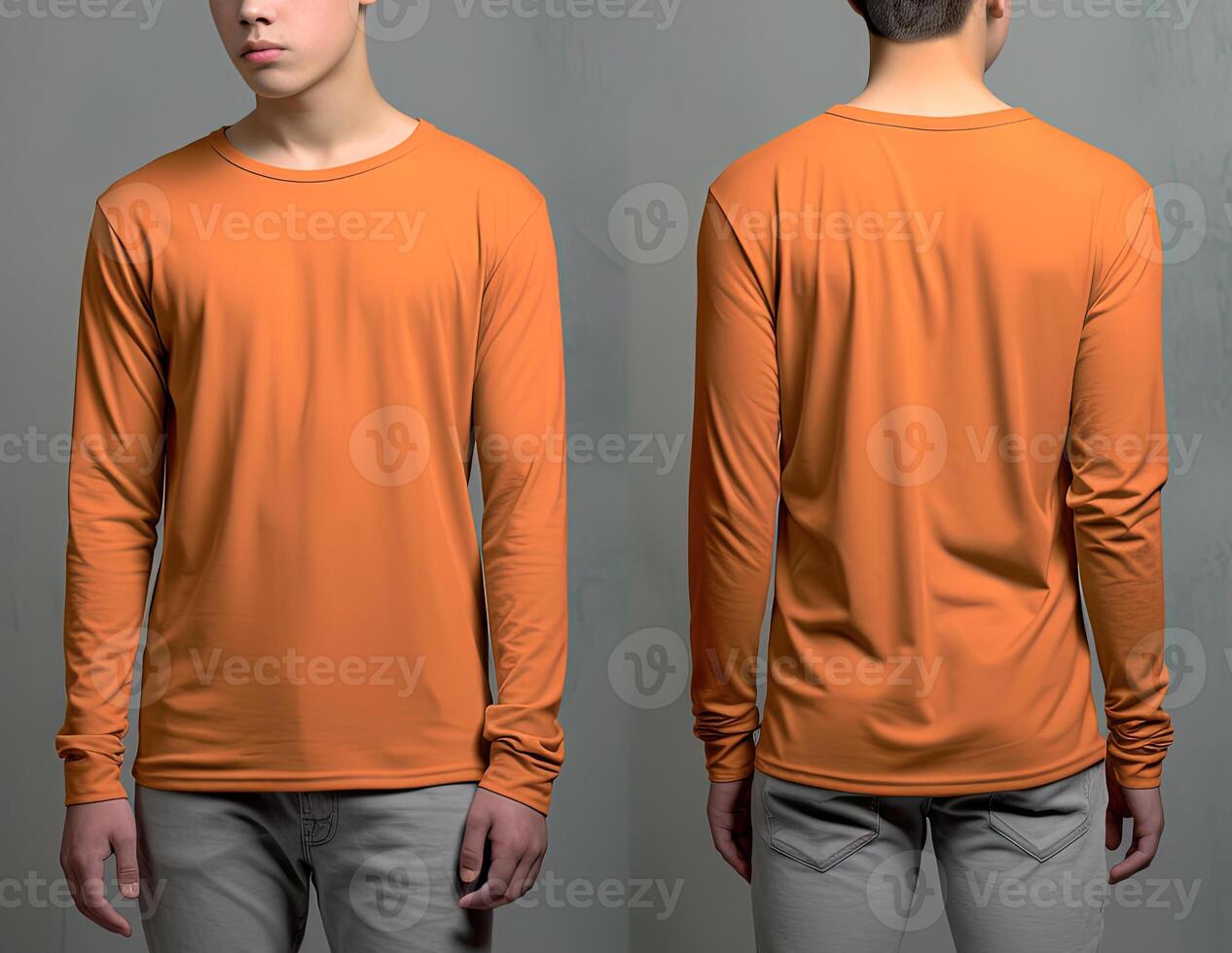 Man wearing a orange T-shirt with long sleeves. Front and back view. photo
