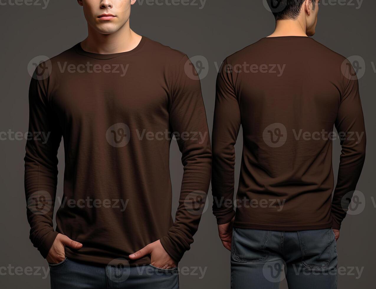 Man wearing a brown T-shirt with long sleeves. Front and back view. photo