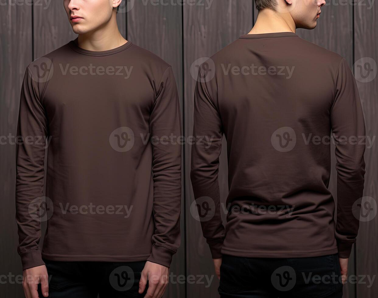 Man wearing a brown T-shirt with long sleeves. Front and back view. photo