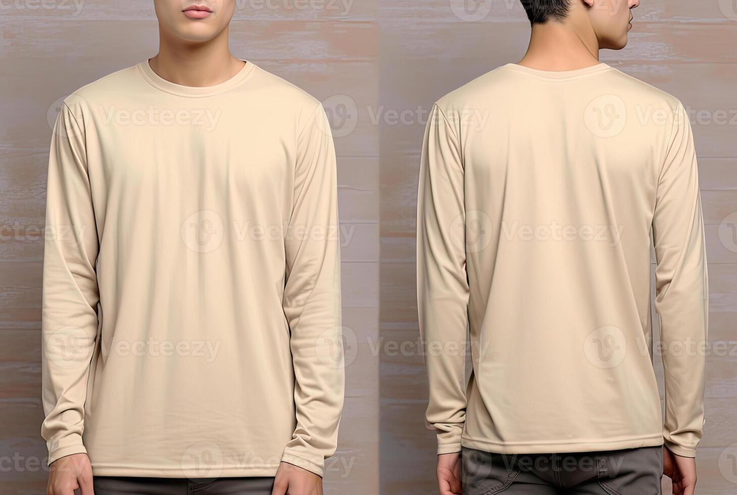 Man wearing a beige T-shirt with long sleeves. Front and back view. photo