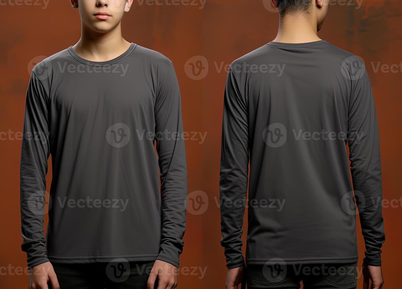 Man wearing a grey T-shirt with long sleeves. Front and back view. photo