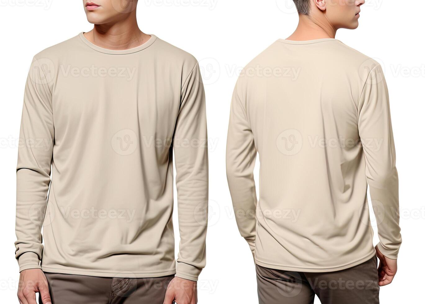 Man wearing a beige T-shirt with long sleeves. Front and back view. photo