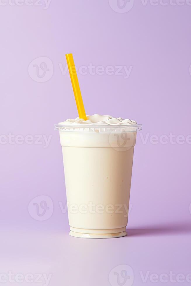 Vanilla milkshake in plastic takeaway cup isolated on pastel background. ai generated photo