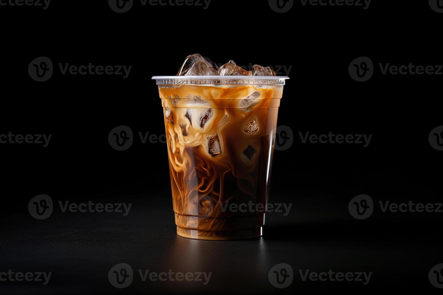 con hielo café en el plastico para llevar vaso aislado en oscuro antecedentes. ai generado foto