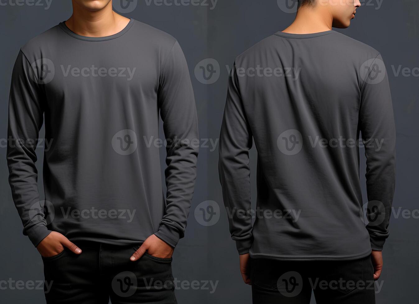 Man wearing a grey T-shirt with long sleeves. Front and back view. photo