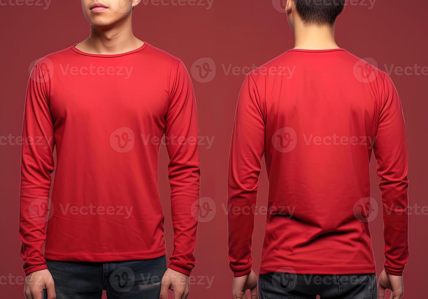 Man wearing a red T-shirt with long sleeves. Front and back view. photo