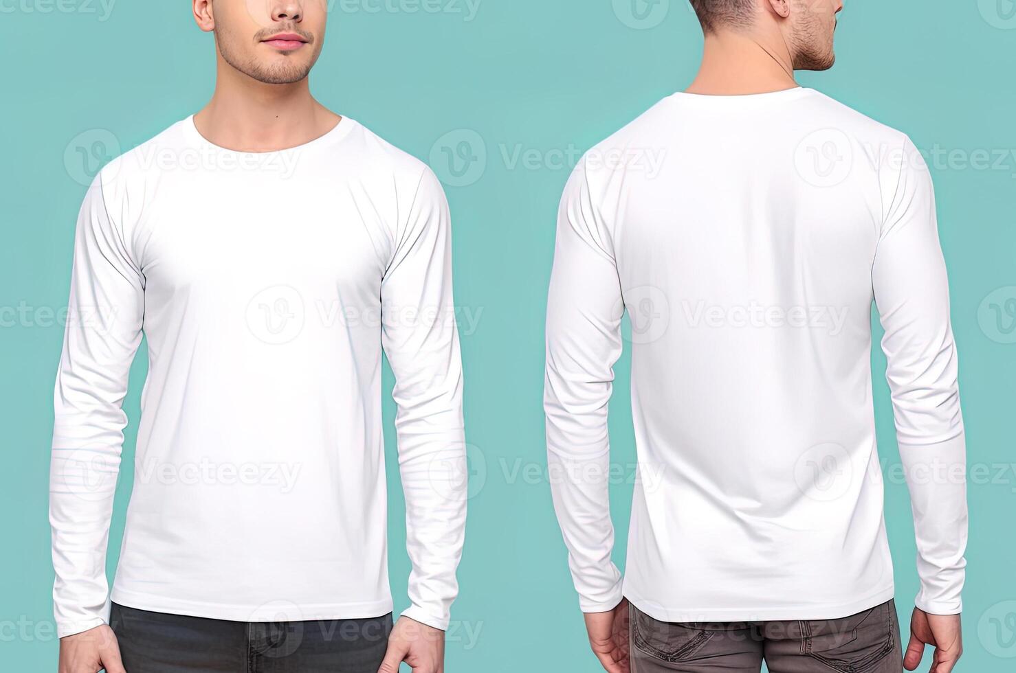 Man wearing a white T-shirt with long sleeves. Front and back view. photo