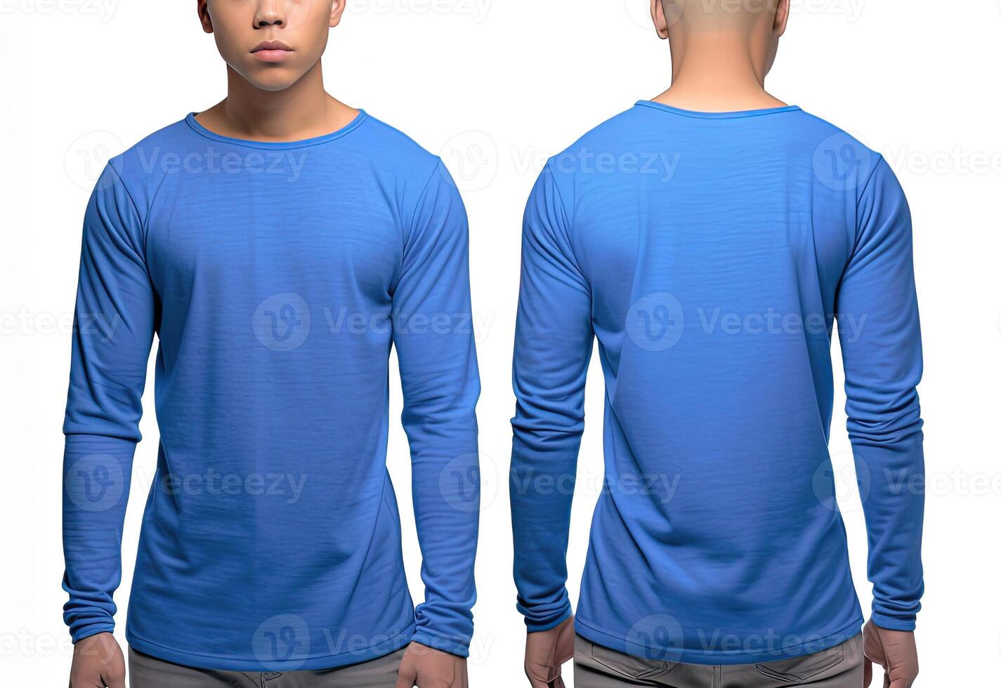 Man wearing a blue T-shirt with long sleeves. Front and back view. photo