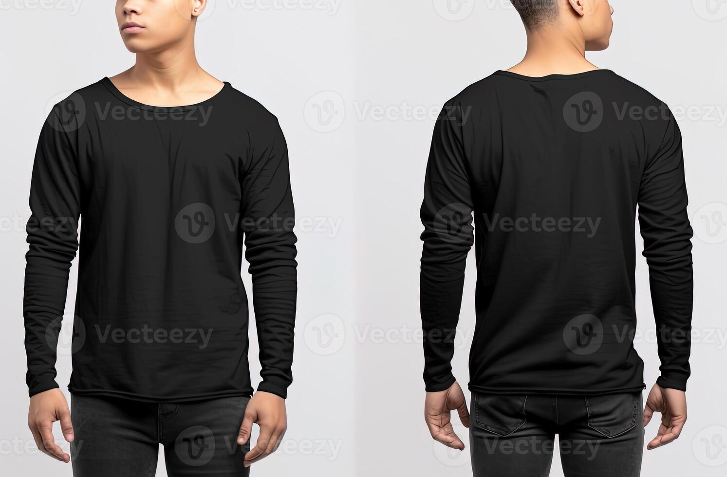 Man wearing a black T-shirt with long sleeves. Front and back view. photo