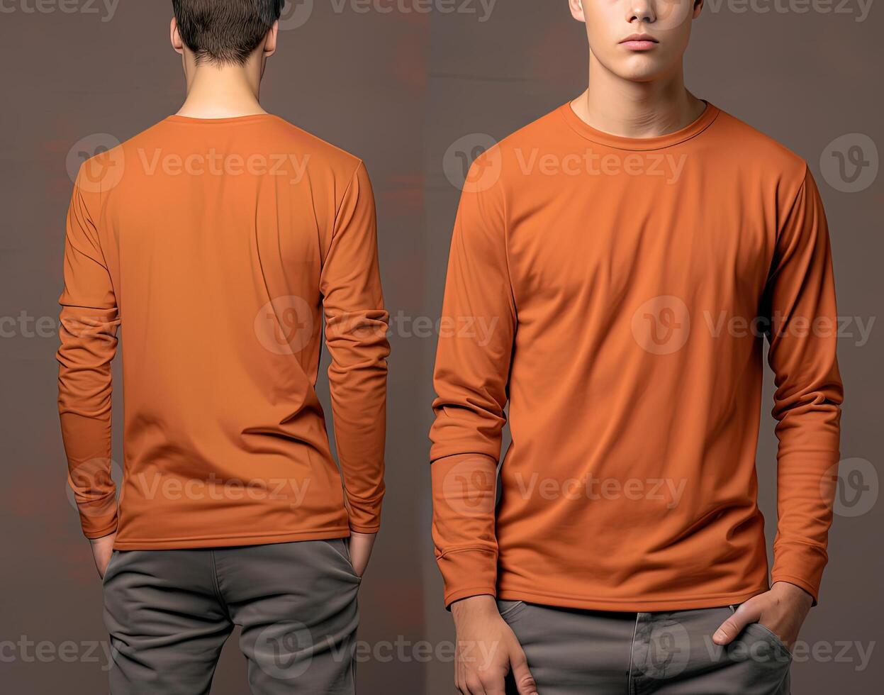 Man wearing a orange T-shirt with long sleeves. Front and back view. photo