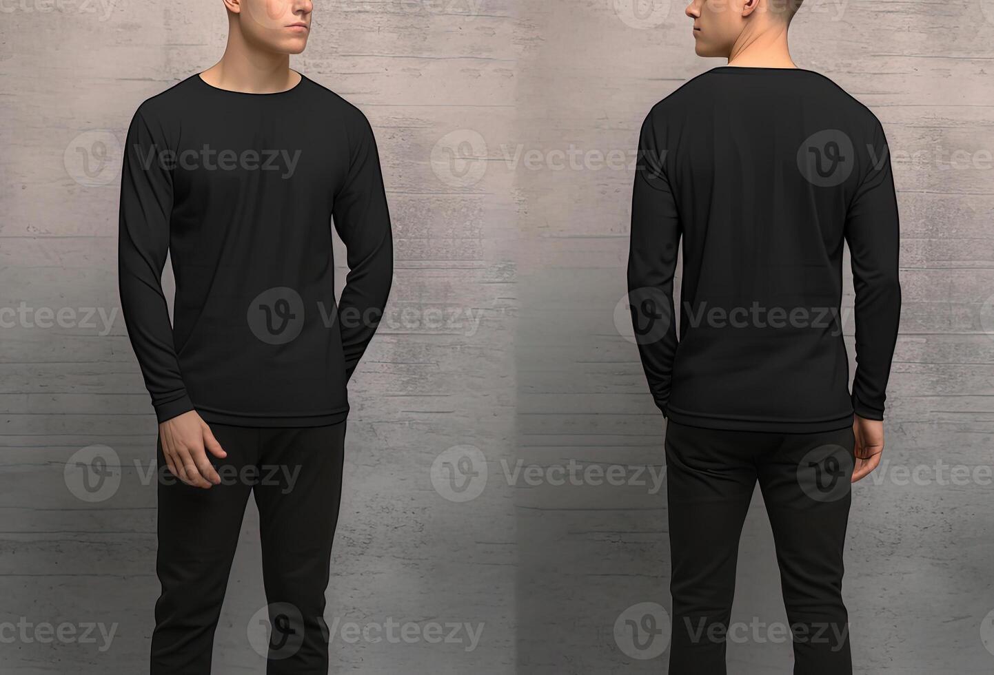 Man wearing a black T-shirt with long sleeves. Front and back view. photo