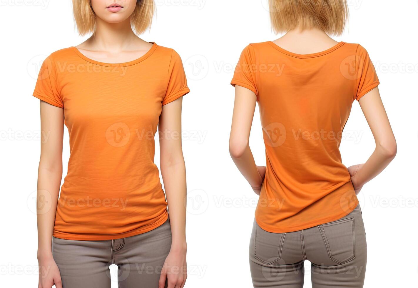 Photo realistic female orange t-shirts with copy space, front, and back view. ai generated