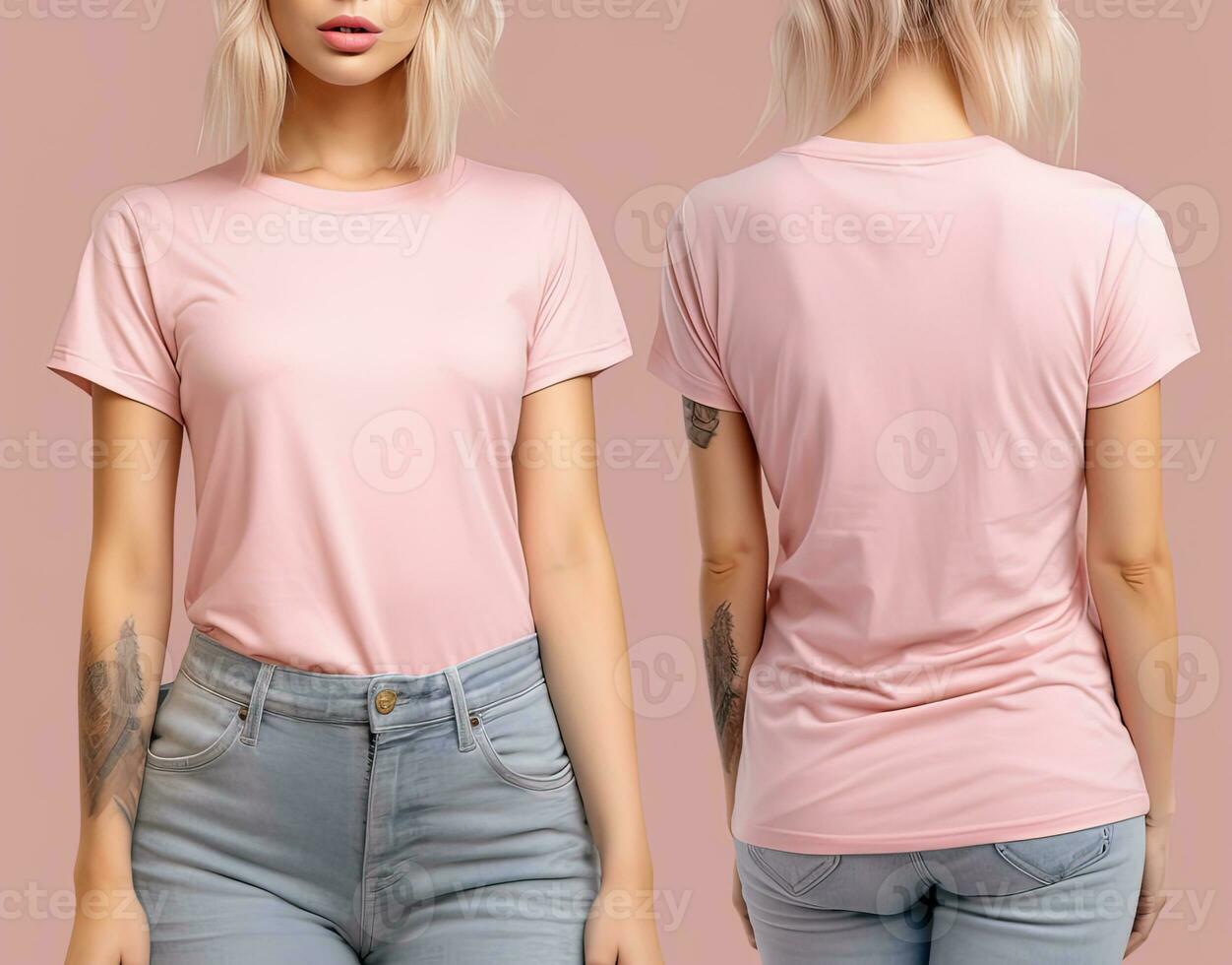 Photo realistic female pink t-shirts with copy space, front, and back view. ai generated
