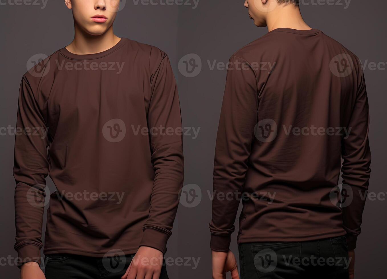 Man wearing a brown T-shirt with long sleeves. Front and back view. photo