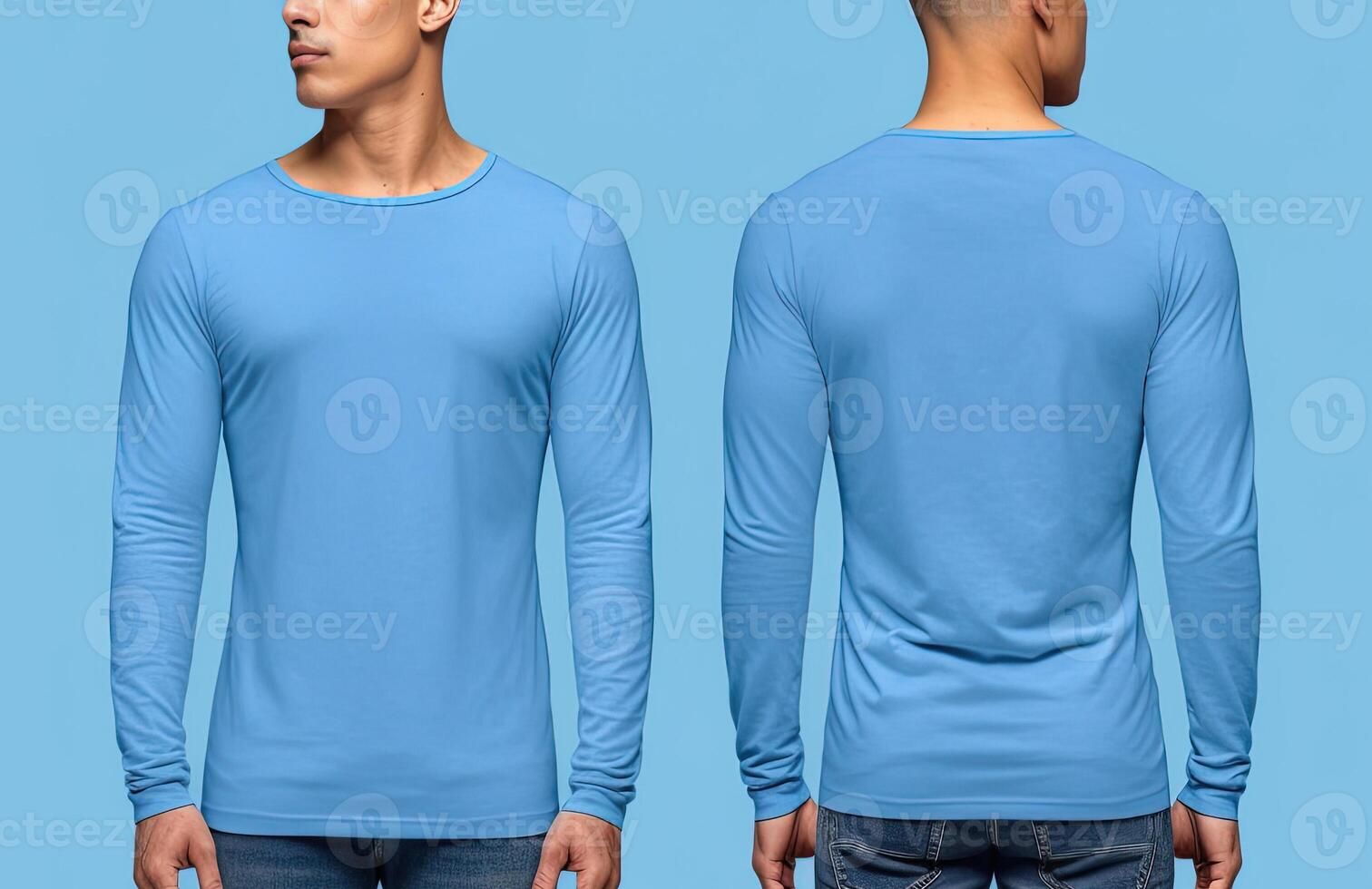 Man wearing a blue T-shirt with long sleeves. Front and back view. photo