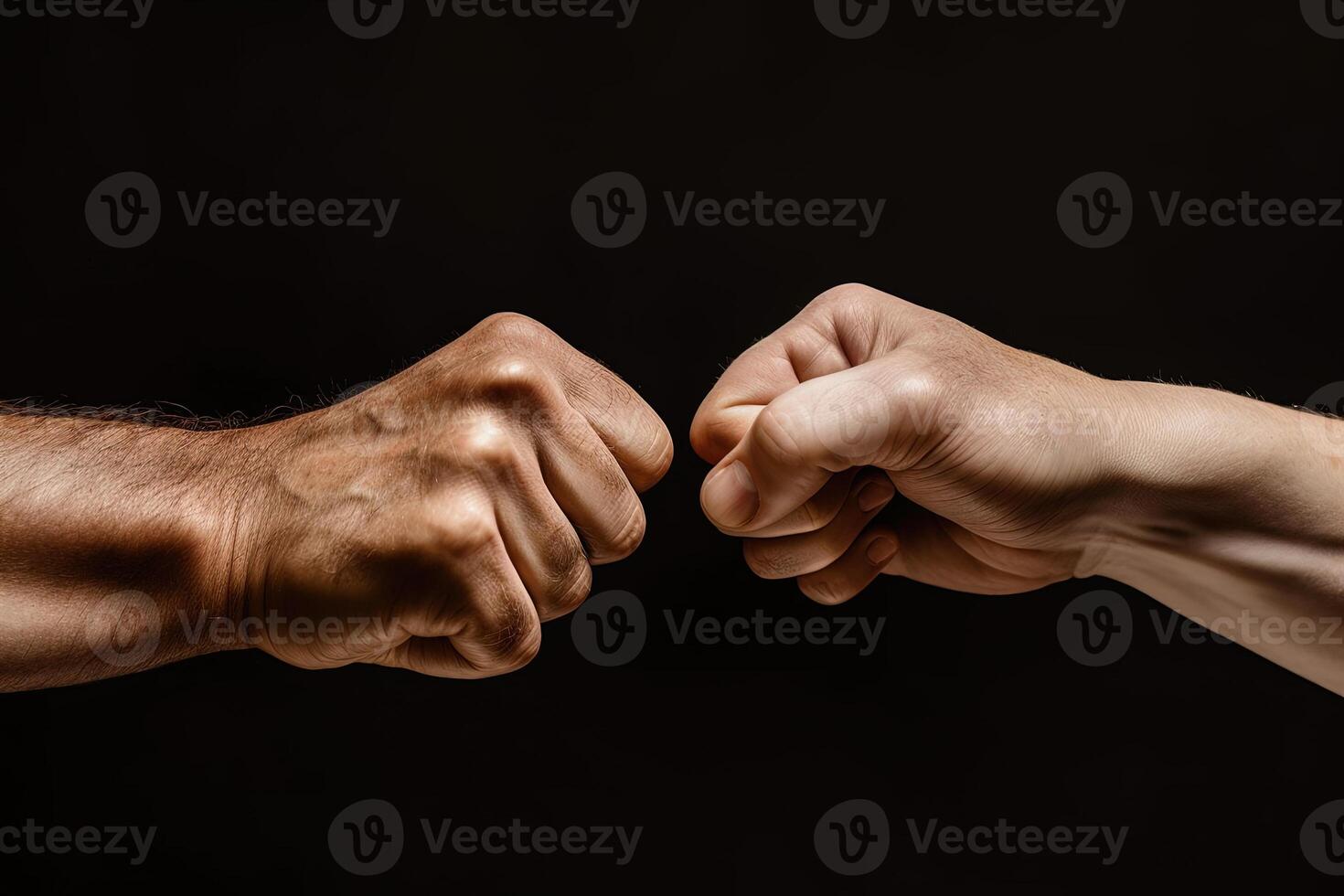 cerca arriba de un puño bache aislado en negro fondo, manos y trabajo en equipo, apoyo o colaboración para equipo edificio, solidaridad o unidad, mano conexión, camaradería o saludo. ai generado foto