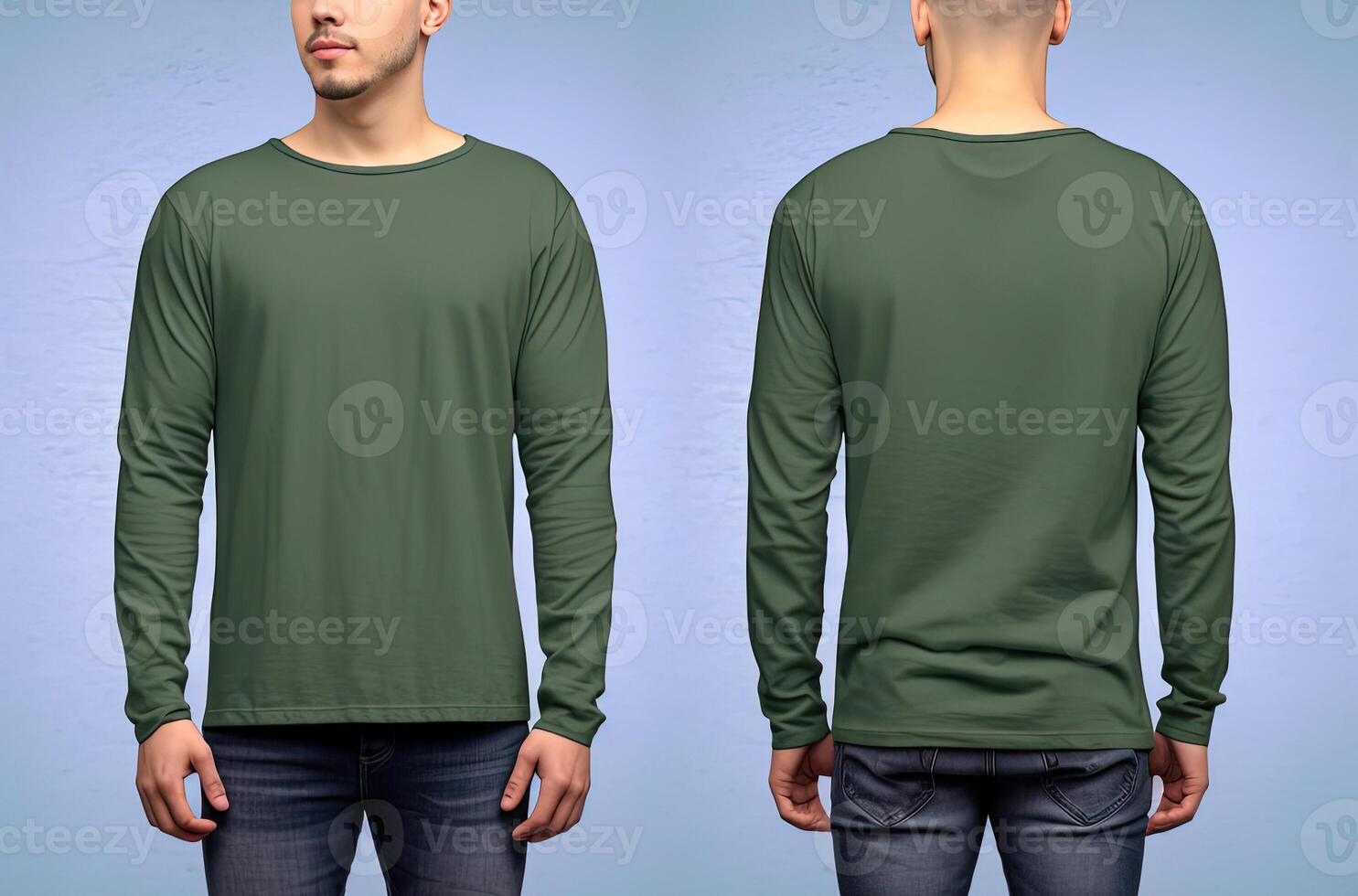 Man wearing a green T-shirt with long sleeves. Front and back view. photo