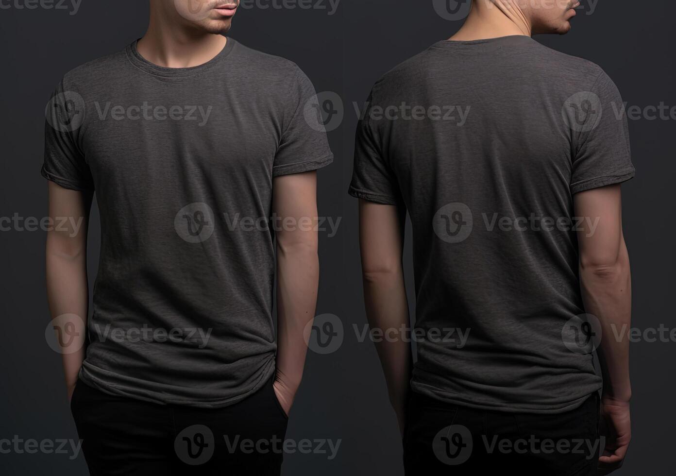 Photo realistic male grey t-shirts with copy space, front, and back view.