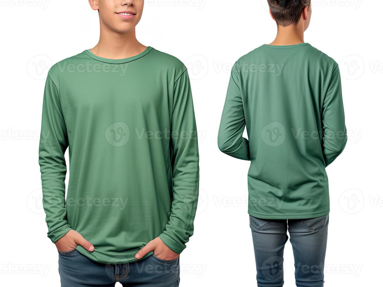 Man wearing a green T-shirt with long sleeves. Front and back view. photo